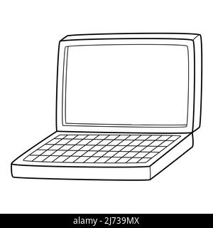 Un ordinateur portable ouvert avec un clavier et un écran vide. Un symbole des affaires, de l'éducation, de l'apprentissage. Espace pour le texte. Vecteur noir et blanc dessiné à la main illust Illustration de Vecteur