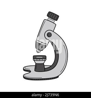 Un microscope. Style Doodle. Un périphérique optique. Un symbole de la science, de la biologie, de l'étude, de la recherche. Illustration vectorielle colorée dessinée à la main. L'elem de conception Illustration de Vecteur