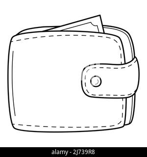 Portefeuille pour hommes pour argent, sac à main. Icône linéaire. Illustration vectorielle noire et blanche dessinée à la main. Isolé sur un fond blanc Illustration de Vecteur