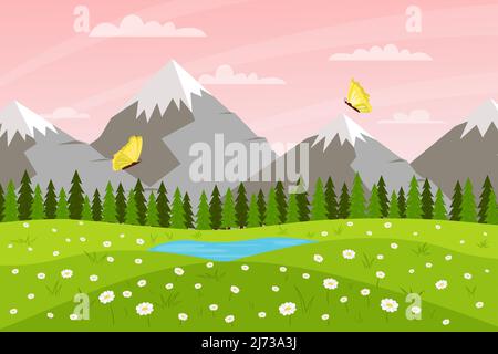 Paysage horizontal printemps été. Ciel de coucher de soleil. Montagnes, lac, forêt, papillons volants. Temps clair. Illustration à vecteur de couleur. Nature backgrou Illustration de Vecteur