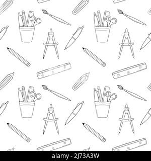 École simple sans couture avec papeterie, fournitures de bureau, compas, règle, stylo, crayon, pinceau. Arrière-plan noir et blanc avec main-d isolée Illustration de Vecteur