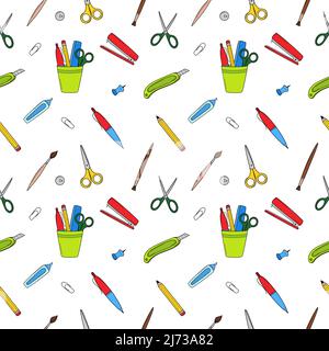 École simple sans couture avec papeterie, fournitures de bureau, ciseaux, règle, stylo, crayon, pinceau. Arrière-plan avec doo coloré isolé dessiné à la main Illustration de Vecteur