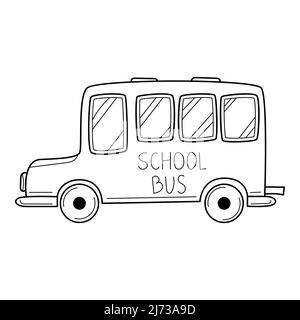 Autobus scolaire de style Doodle. Illustration vectorielle noire et blanche dessinée à la main. Les éléments de conception sont isolés sur un fond blanc. Illustration de Vecteur