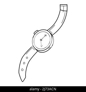 Une montre à bracelet avec une sangle. Style Doodle. Illustration vectorielle noire et blanche dessinée à la main. Les éléments de conception sont isolés sur un fond blanc Illustration de Vecteur