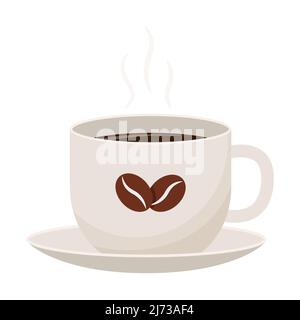 Une tasse de café chaud sur une soucoupe. Une boisson revigorante le matin dans une tasse blanche avec des grains de café dessus. Style de dessin animé plat, isolé sur un backgro blanc Illustration de Vecteur