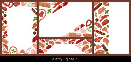 Un ensemble de cadres avec des produits à base de viande. Viande crue grillée, poulet, saucisses. Modèle horizontal, vertical et de bannière pour prospectus et dépliants. Vecteur plat Illustration de Vecteur