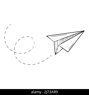 Un avion de papier volant. Origami. Symbole d'une start-up, d'un développement et d'une entreprise. Doodle. Illustration vectorielle noire et blanche dessinée à la main. Les des Illustration de Vecteur