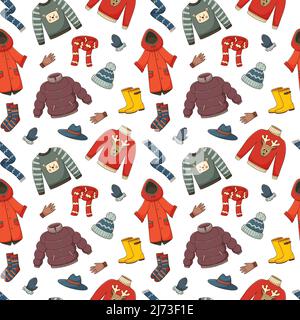 Motif sans coutures et vêtements d'extérieur chauds pour l'automne. Vêtements, bottes en caoutchouc, gants, chaussettes. Toile de fond avec éléments colorés. Patt vectoriel coloré et lumineux Illustration de Vecteur