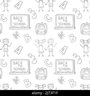 Un motif scolaire simple sans couture avec un joli garçon et une petite fille dessinés dans un style puéril. Tableau noir, sac à dos, lettres. Arrière-plan noir et blanc avec isol Illustration de Vecteur