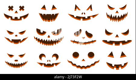 Physionomies drôles. Une collection de citrouilles d'Halloween avec silhouettes sculptées de visages isolés sur blanc. Un modèle avec beaucoup d'yeux, de bouches, de nez f Illustration de Vecteur