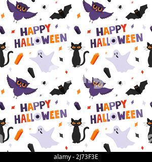 Motif Halloween sans coutures avec fantômes, owls, un chat et des mots joyeux Halloween. Éléments de dessin animé plats sur fond blanc. Toile de fond couleur pour les emballages Illustration de Vecteur