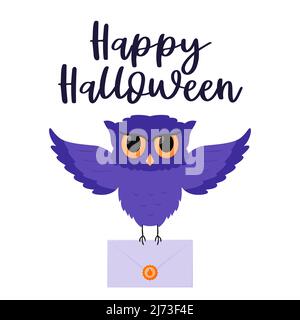 Un hibou volant tient une enveloppe avec une citrouille dans ses pattes. Mots manuscrits Happy Halloween. Carte postale avec lettrage à la main. Vecteur de dessin animé plat Illustration de Vecteur