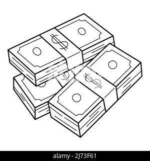 Une pile de billets en papier. Trois lots de billets en dollars. Accumulation d'argent, richesse, pot-de-vin. Icône linéaire. Vecteur noir et blanc dessiné à la main Illustration de Vecteur