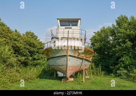 un navire abandonné se tient dans la mer dans les buissons Banque D'Images