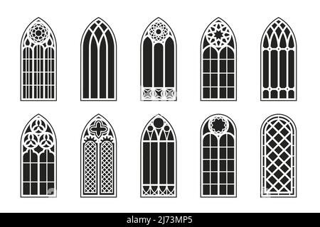 Ensemble de fenêtres gothiques. Silhouette de vitraux vintage cadres d'église. Élément de l'architecture européenne traditionnelle. Illustration vectorielle Illustration de Vecteur