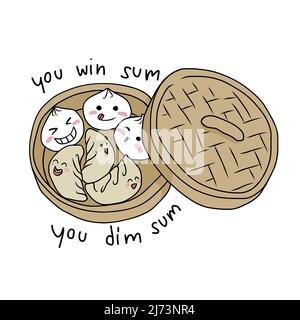 Vous gagnez certains , vous dim sum. Dimsums dans le dessin animé de bambou panier Doodle illustration vectorielle Illustration de Vecteur