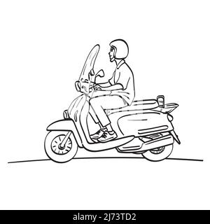 homme avec casque à cheval moto illustration vecteur main dessinée isolée sur fond blanc ligne art. Illustration de Vecteur