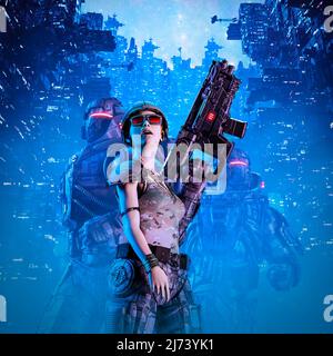Cyber punk soldat girl - 3D illustration de la science fiction militaire robot guerriers et femme héros explorant la ville futuriste Banque D'Images
