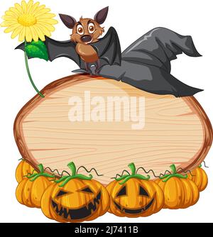 Panneau ovale vierge en bois avec chauve-souris dans l'illustration du thème d'halloween Illustration de Vecteur