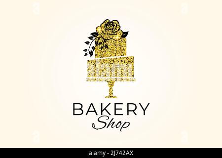 Logo de la boulangerie avec gâteau dans un style élégant doré étincelant Illustration de Vecteur