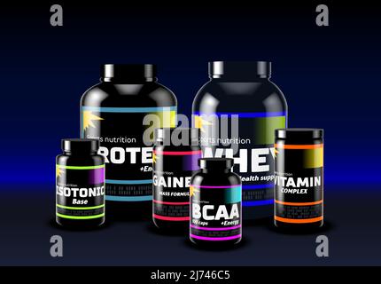 Ensemble de canettes et bocaux de supplément sport. Récipients d'alimentation de sport pour la forme physique et un mode de vie sain. Protéines, lactosérum, Gainer, BCAA, isotonique et vitamines. Illustration de Vecteur