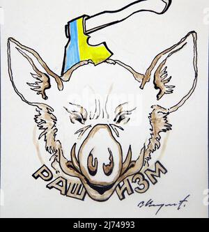 Non exclusif: MUKACHEVO, UKRAINE - 5 MAI 2022 - Un dessin de l'artiste en chef du théâtre de théâtre de Mukachevo Serhii Kirieiev présente une tête de cochon avec Banque D'Images