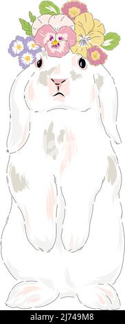 Adorable lapin de Pâques de printemps dans une couronne fleurie illustration vectorielle dessinée à la main isolée sur blanc. Imprimé esthétique classique vintage. Illustration de Vecteur