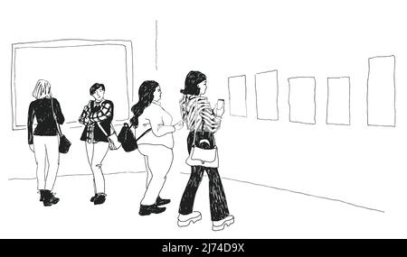Dessinez des personnes à la galerie d'art ou à l'exposition du musée en regardant des peintures et des œuvres d'art qui dandinent des dessins au trait vectoriel Illustration de Vecteur