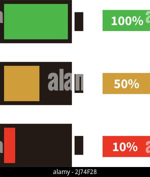 Icône de batterie définie. Icône énergie. 10 %, 50 %, 100 % de charge. Vecteur modifiable. Illustration de Vecteur