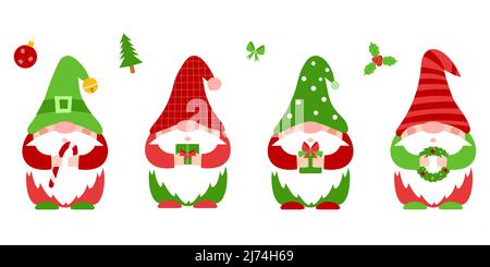 Un ensemble de petits nains de Noël en rouge, des vêtements verts et des chapeaux, qui tiennent les attributs du nouvel an dans leurs mains.mignon petits gnomes, personnages de dessin animé. Illustration de Vecteur