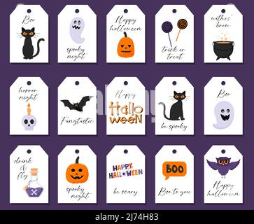 Une collection d'étiquettes cadeau colorées avec des symboles d'Halloween et des expressions. Boo, chou-fleur, sucettes, crâne avec bougie, chat, lanterne de citrouille. Illustration de Vecteur