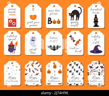 Un ensemble d'étiquettes cadeau colorées avec des symboles Halloween et des phrases. Une maison hantée, un fantôme, un poison, un pot avec les yeux, un chat créepy. Vecteur plat Illustration de Vecteur