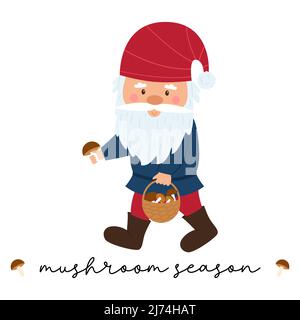 Un petit gnome avec une barbe et un chapeau rouge marche et tient un panier de champignons. Une carte avec petit nain et les mots Mushroom saison. Mignon ca Illustration de Vecteur