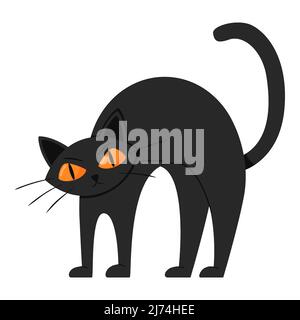 Un chat noir furieux et froid lui a archassé le dos. Style dessin animé plat. Illustration de Vecteur
