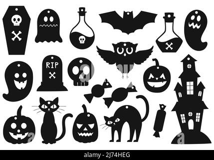 Un ensemble de simples étiquettes cadeau. Silhouettes noires des symboles Halloween. Lanterne de citrouille, maison hantée, chauve-souris, potion, pierre tombale, chat, bonbons. Simple et plat Illustration de Vecteur