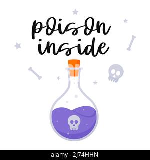 Une potion de sorcière dans une fiole ronde avec un poison liquide violet avec un bouchon et un crâne. Une carte postale avec un lettrage à la main - poison Inside. Halloween. C Illustration de Vecteur