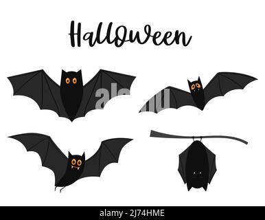 Ensemble de chauves-souris noires volantes aux yeux jaunes. Éléments décoratifs pour Halloween. Illustration vectorielle plate couleur isolée sur fond blanc Illustration de Vecteur