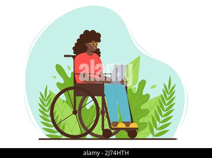 Une femme adulte heureuse est assise avec un ordinateur portable dans un fauteuil roulant sur un fond de feuilles. Une dame souriante avec un handicap utilise un ordinateur dans le parc. Illustration de Vecteur