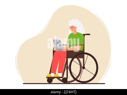 Une femme âgée heureuse est assise avec un ordinateur portable dans un fauteuil roulant . Une grand-mère adulte souriante avec des cheveux gris et des lunettes utilise un ordinateur. Vecteur de couleur Illustration de Vecteur