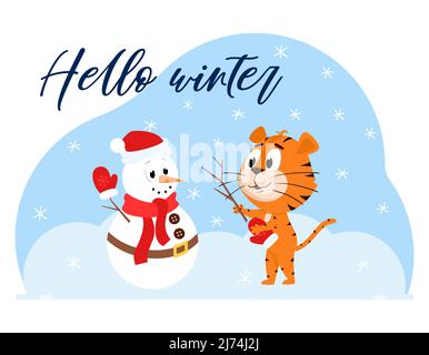 Mignon dessin animé tigre sculpte un bonhomme de neige. Un bonhomme de neige avec un foulard et une carotte. Une carte postale avec un personnage adorable et les mots Hello Winter. Couleur vec Illustration de Vecteur