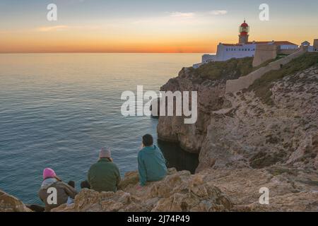 Phare de Cabo de Sao Vincente au coucher du soleil, Portugal, Algarve Banque D'Images