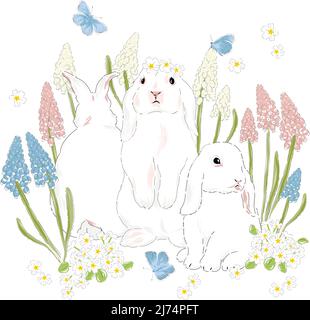 Joli lapin dans le jardin de Bloomy de printemps avec des fleurs en jacinthe et un papillon bleu dessiné à la main illustration vectorielle isolée sur blanc. Imprimé vintage délicat romantique nature pour Pâques ou enfants. Illustration de Vecteur