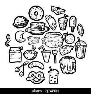 Ensemble d'aliments sous forme d'ellipse. Petits pains et plats à base de viande. Contour du dessin à la main. Isolé sur fond blanc. Mise en plan monochrome. Vecteur Illustration de Vecteur