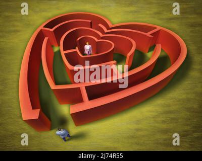 Un homme entrant dans un labyrinthe en forme de cœur. Illustration numérique. Banque D'Images