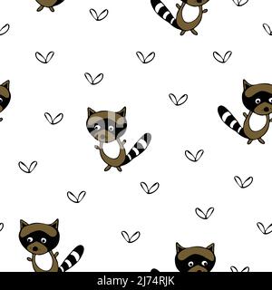 Motif vectoriel sans couture avec ratons laveurs sur fond blanc. Papier peint animal pour enfants. Petit raton laveur de style dessin animé. Illustration de Vecteur