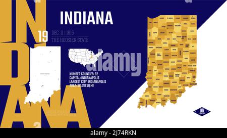 19 des 50 États des États-Unis, divisés en comtés avec des surnoms de territoire, vecteur détaillé carte de l'Indiana avec le nom et la date admis à l'U Illustration de Vecteur