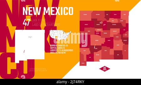 47 des 50 États des États-Unis, divisés en comtés avec des surnoms de territoire, vecteur détaillé carte du Nouveau-Mexique avec le nom et la date admis à TH Illustration de Vecteur
