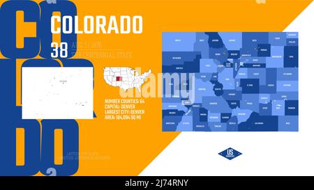 38 des 50 États des États-Unis, divisés en comtés avec des surnoms de territoire, vecteur détaillé Colorado carte avec le nom et la date admis à la Illustration de Vecteur