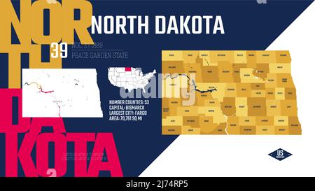 39 des 50 États des États-Unis, divisés en comtés avec des surnoms de territoire, vecteur détaillé carte du Dakota du Nord avec le nom et la date admis Illustration de Vecteur