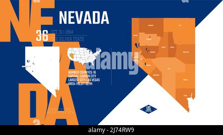 36 des 50 États des États-Unis, divisés en comtés avec des surnoms de territoire, vecteur détaillé Nevada carte avec le nom et la date admis à l'ONU Illustration de Vecteur